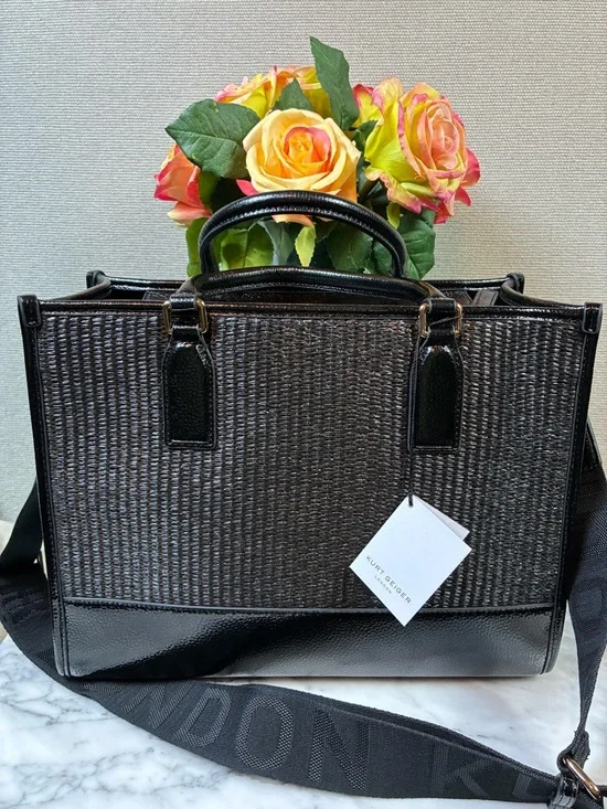 Kurt Geiger Black Metallic Leather & Raffia Chiswick Tote - NWT - Picture 5 of 11